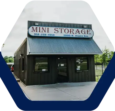 Front office of Battle Creek Storage, formerly Battle Creek Mini Storage, at 3000 N Aspen Ave in Broken Arrow, OK