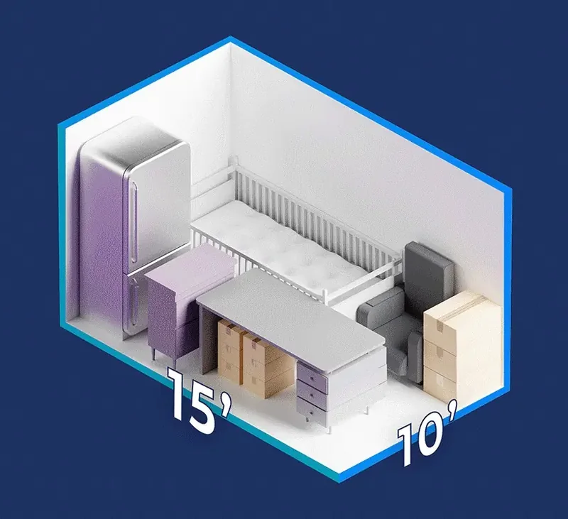 10x15 storage unit size diagram with refrigerator, crib, desk and boxes