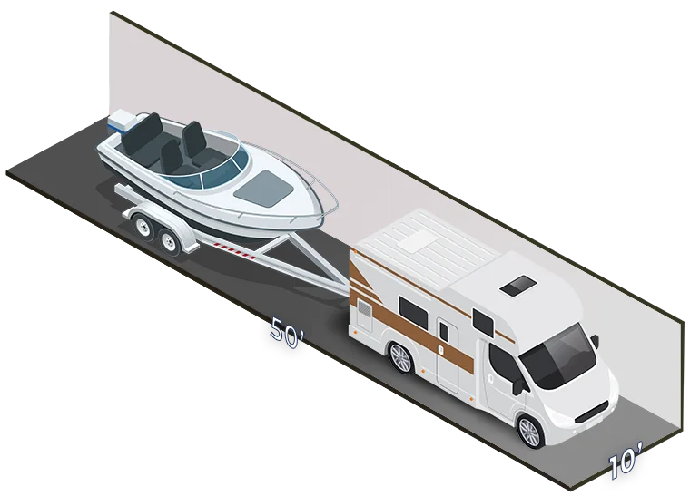 10x50 covered RV and boat parking space size diagram fitting a motorhome and boat trailer