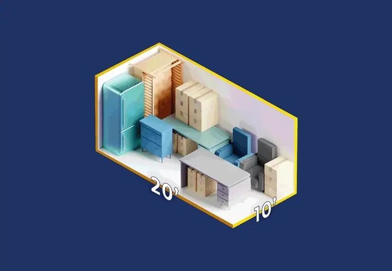 10x20 storage unit size diagram with household furniture and boxes