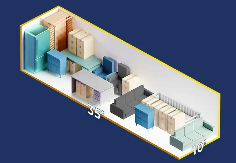 10x35 storage unit size diagram with household furniture, two sofas and boxes