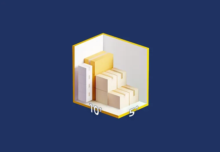 5x10 outdoor drive-up storage unit size diagram with stacked boxes