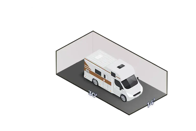 14x30 enclosed RV and boat storage unit size diagram with a motorhome