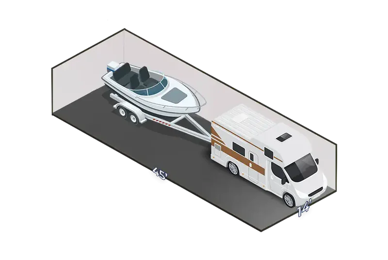 14x45 enclosed RV and boat storage unit size diagram fitting a motorhome and boat trailer